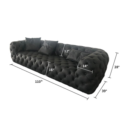Simone Black Calf Leather 4 Seater Sofa Buckle Surface Couch