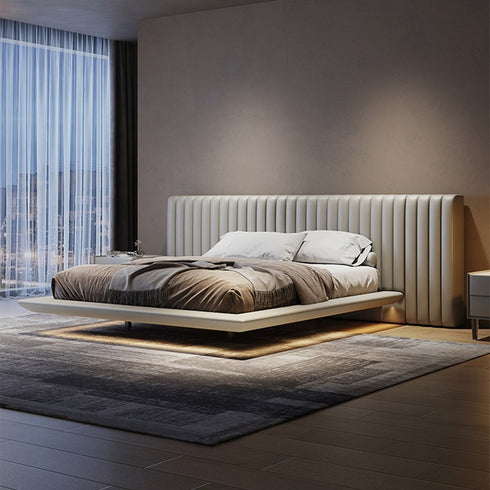 Aleph Microfiber Leather Wide Headboard Floating Bed Frame