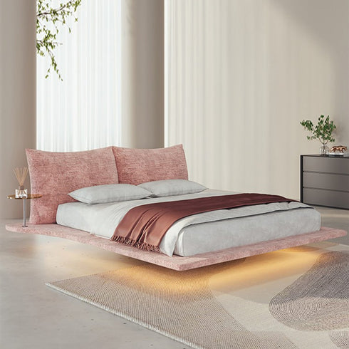 Amina Chenille Flannel Upholstered Headboard Luxury Floating Bed Frame with Sidetable