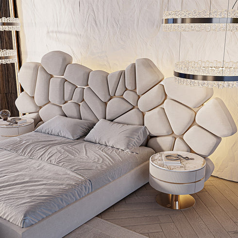 Bari Calf Leather/Velvet Fabric Shaped High Headboard Bed Frame