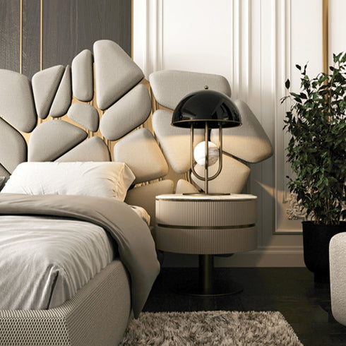 Bari Calf Leather/Velvet Fabric Shaped High Headboard Bed Frame