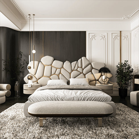 Bari Calf Leather/Velvet Fabric Shaped High Headboard Bed Frame