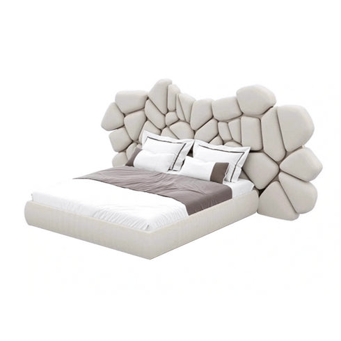 Bari Calf Leather/Velvet Fabric Shaped High Headboard Bed Frame