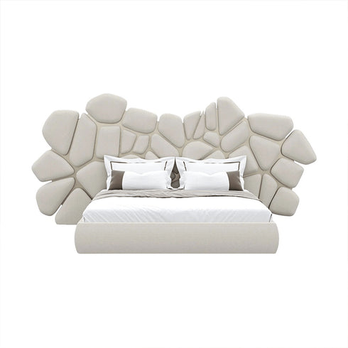 Bari Calf Leather/Velvet Fabric Shaped High Headboard Bed Frame