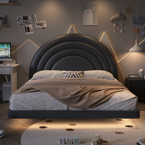 Carlin Rainbow Circle Round Shaped Headboard Modern Microfiber Leather Floating Bed Frame