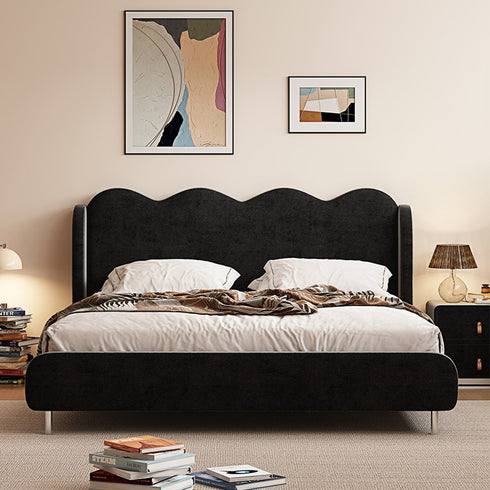 Ceres Wave Shaped Headboard Velvet Fabric Modern Bed Frame