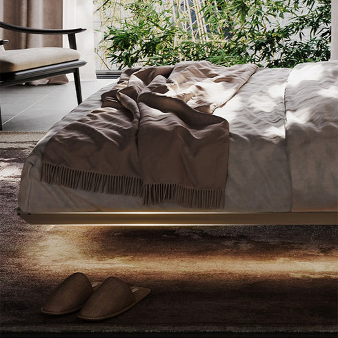 Clee Suede Fabric Modern Upholstered Shaped Headboard Floating Bed Frame