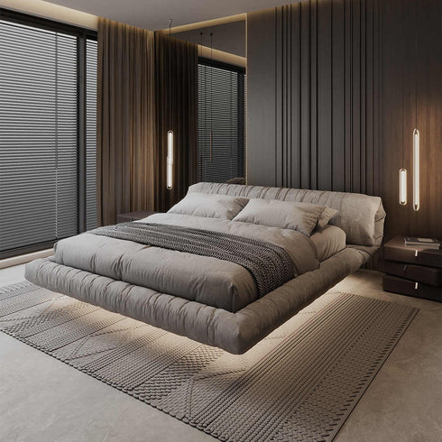 Clove Rolled Upholstered Headboard Modern Velvet Fabric Floating Bed Frame