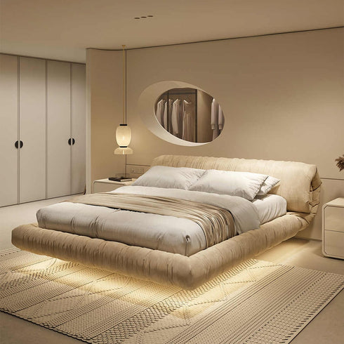 Clove Rolled Upholstered Headboard Modern Velvet Fabric Floating Bed Frame