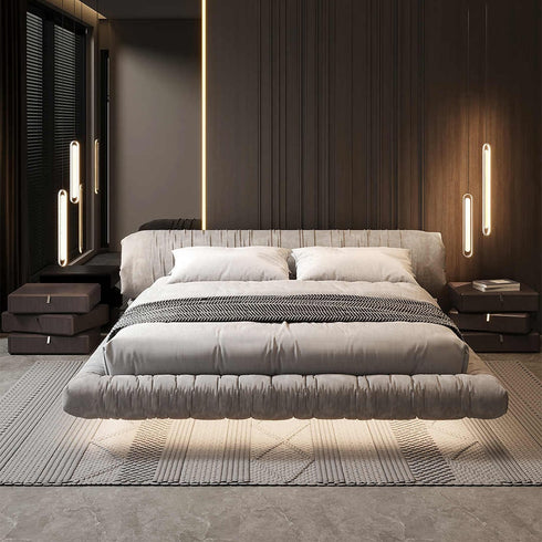 Clove Rolled Upholstered Headboard Modern Velvet Fabric Floating Bed Frame