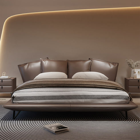 Doreen Calf Leather Shaped Headboard Bed Frame