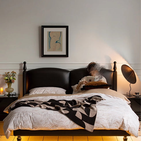 Hedy Calf Leather Vintage High Upholstered Headboard Bed Frame