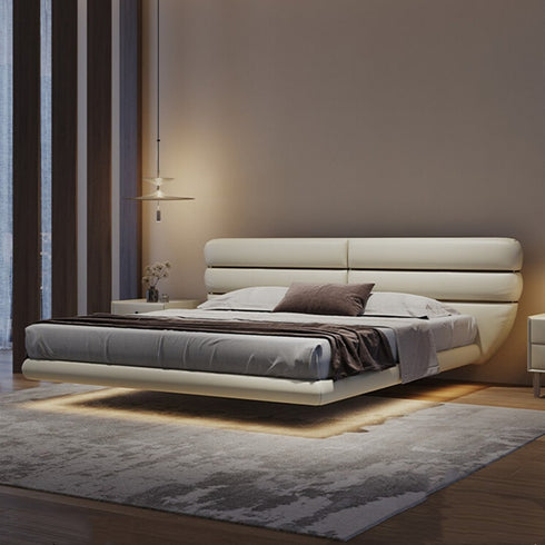 Javion Microfiber Leather Curved Headboard Modern Floating Bed Frame