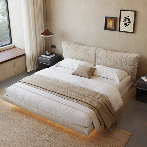Joey Boucle Fabric Simple Upholstered Headboard Modern Floating Bed Frame