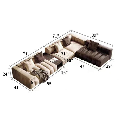 Iris Calf Leather Multi Seater Sectional Sofa Two-Tone Piano Key L-Shape Couch