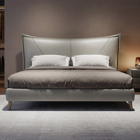 Linzy Calf Leather High Headbord Bed Frame With Legs