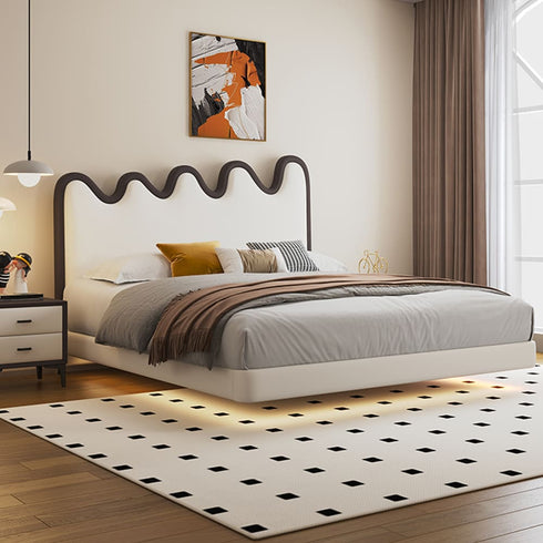 Lydia Wavy Shaped Headboard Calf Leather Floating Bed Frame
