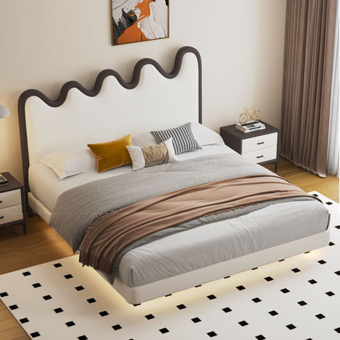 Lydia Wavy Shaped Headboard Calf Leather Floating Bed Frame