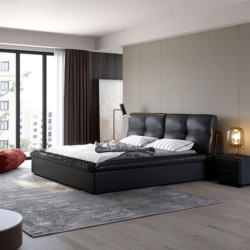 Melody Calf Leather Modern Upholstered Headboard Bed Frame