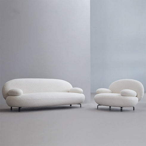 Nina Boucle Fabric White 3 Seater Sofa Round Shaped Couch