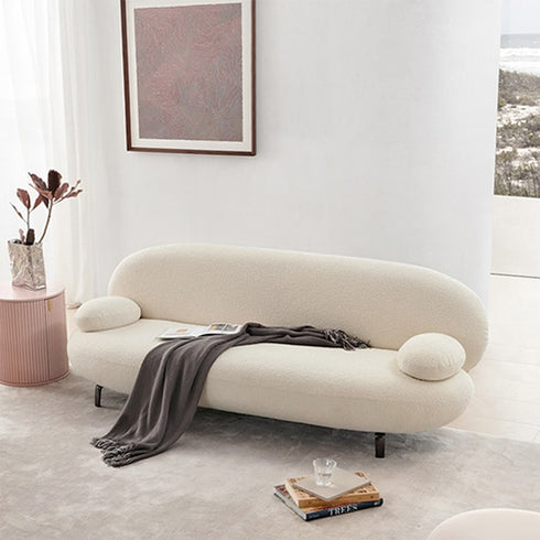 Nina Boucle Fabric White 3 Seater Sofa Round Shaped Couch