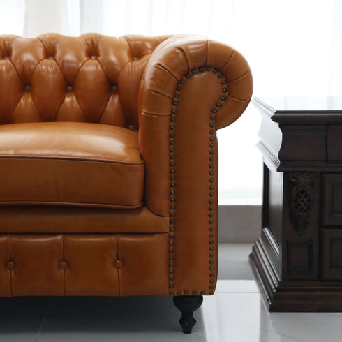 Oliver Gold Brown Leather Sofa 3 Seater Vintage Luxury Couch