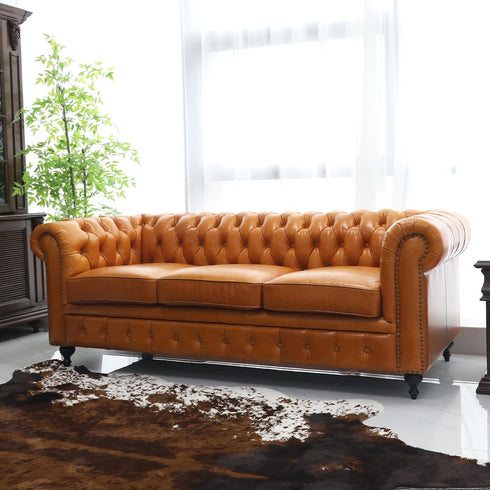 Oliver Gold Brown Leather Sofa 3 Seater Vintage Luxury Couch