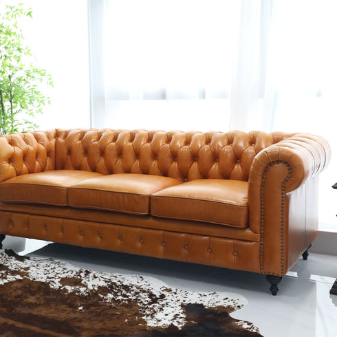 Oliver Gold Brown Leather Sofa 3 Seater Vintage Luxury Couch