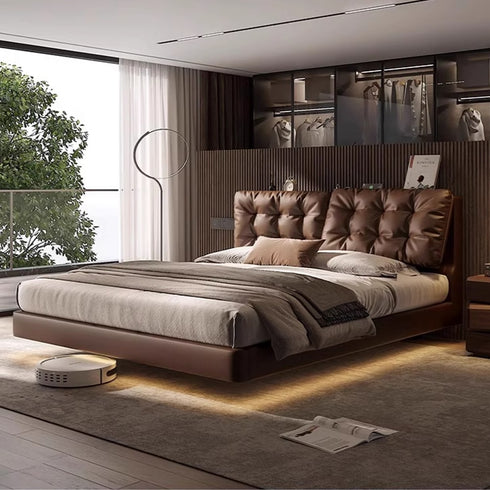 Paul Calf Leather Adjustable Headboard Floating Bed Frame