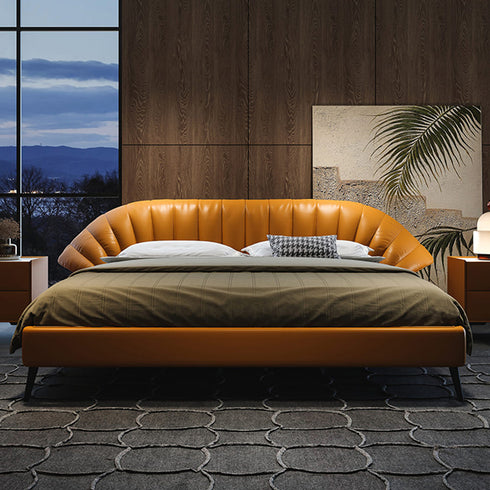 Rachal Sector Shaped Headboard Calf Leather Bed Frame