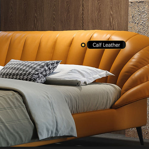 Rachal Sector Shaped Headboard Calf Leather Bed Frame