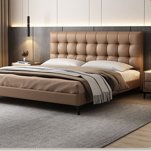 Randy Grid Shaped Headboard Calf Leather Bed Frame