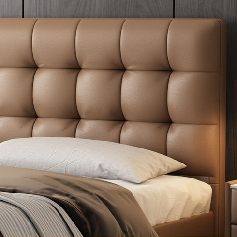 Randy Grid Shaped Headboard Calf Leather Bed Frame