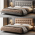 Randy Grid Shaped Headboard Calf Leather Bed Frame