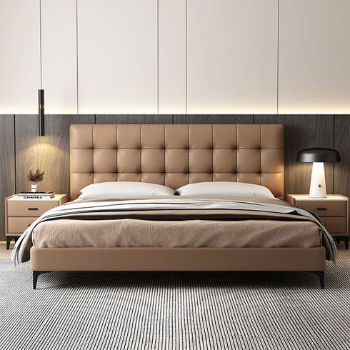 Randy Grid Shaped Headboard Calf Leather Bed Frame