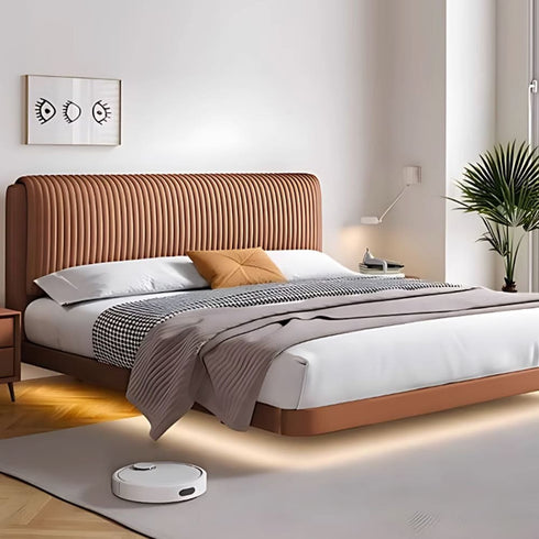 Warren Stripe Headboard Calf Leather Floating Bed Frame