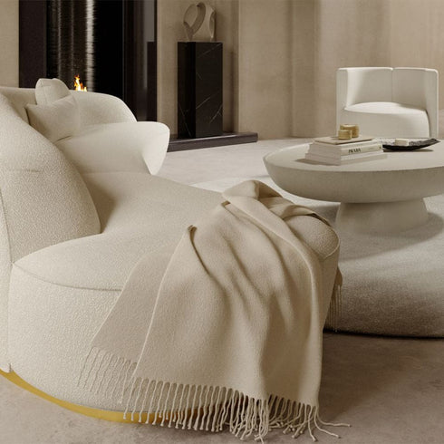 Yilia White Boucle Round Shaped 4 Seater Curved Designer Couch