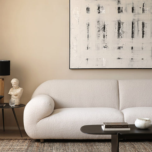 Cael White Teddy Fleece Fabric 3 Seater Sofa 2-Pieces Minimalist Arm Couch