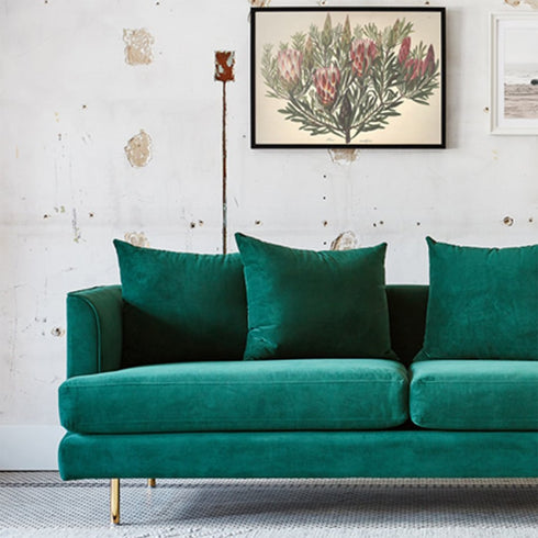 Cein Velvet 3 Seater Sofa with 2 Long Cushions & 4 Accent Pillows