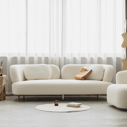 Cyrus White Boucle fabric 3 Seater Sofa White Curved Couch