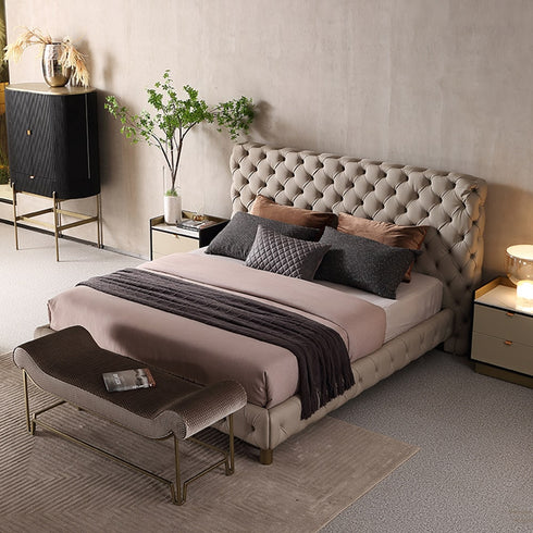 Elyse Brown Velvet Fabric High-back Bed Frame