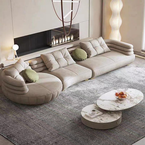 Eric Beige Suede Fabric Curved Secional Sofa Round Chaise Couch