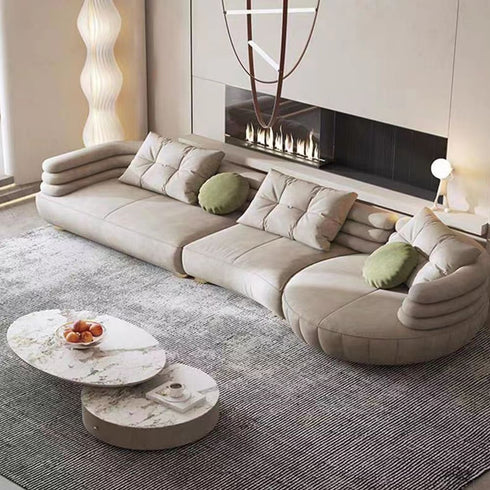 Eric Beige Suede Fabric Curved Secional Sofa Round Chaise Couch