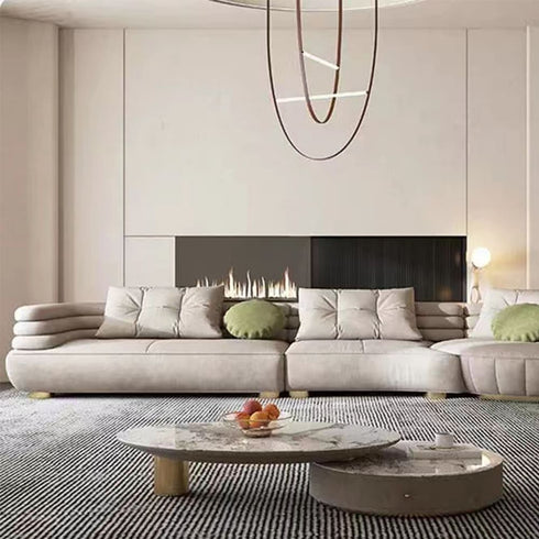 Eric Beige Suede Fabric Curved Secional Sofa Round Chaise Couch