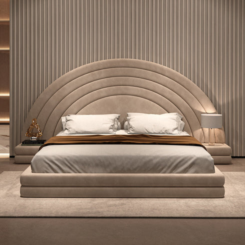 David Suede Fabric Wide Curved Headboard Bed Frame with Bedside Table