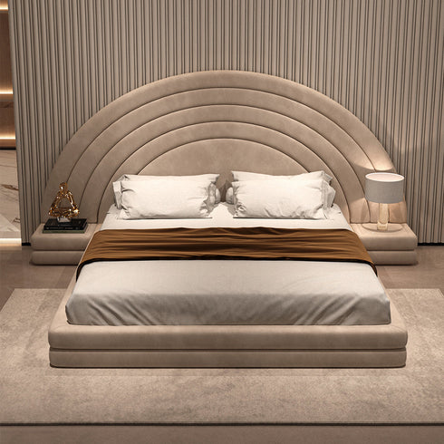 David Suede Fabric Wide Curved Headboard Bed Frame with Bedside Table