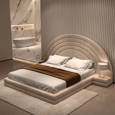 David Suede Fabric Wide Curved Headboard Bed Frame with Bedside Table