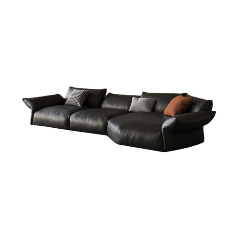 Flower Designed Luxury Black Calf Leather Sofa Interior Sectional Couch