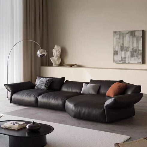 Flower Designed Luxury Black Calf Leather Sofa Interior Sectional Couch