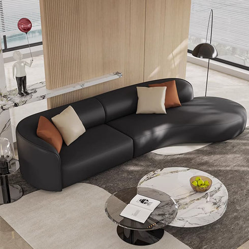 Gene Black Calf Round Multi Seater Sofa Luxury Interior Curved Sectionl Couch